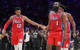 PHILADELPHIA, PA - APRIL 15: James Harden #1 of the Philadelphia 76ers looks on during the game against the Brooklyn Nets during Round 1 Game 1 of the 2023 NBA Playoffs on April 15, 2023 at the Wells Fargo Center in Philadelphia, Pennsylvania NOTE TO USER: User expressly acknowledges and agrees that, by downloading and/or using this Photograph, user is consenting to the terms and conditions of the Getty Images License Agreement. Mandatory Copyright Notice: Copyright 2023 NBAE (Photo by Jesse D. Garrabrant/NBAE via Getty Images)
