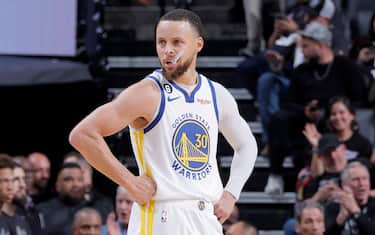 SACRAMENTO, CA - APRIL 17:  Stephen Curry #30 of the Golden State Warriors looks on during the game against the Sacramento Kings during Round 1 Game 2 of the 2023 NBA Playoffs on April 17, 2023 at Golden 1 Center in Sacramento, California. NOTE TO USER: User expressly acknowledges and agrees that, by downloading and or using this Photograph, user is consenting to the terms and conditions of the Getty Images License Agreement. Mandatory Copyright Notice: Copyright 2023 NBAE (Photo by Rocky Widner/NBAE via Getty Images)