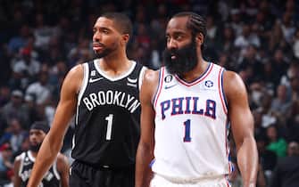 BROOKLYN, NY - APRIL 22: Mikal Bridges #1 of the Brooklyn Nets and James Harden #1 of the Philadelphia 76ers look on during Round 1 Game 4 of the 2023 NBA Playoffs on April 22, 2023 at Barclays Center in Brooklyn, New York. NOTE TO USER: User expressly acknowledges and agrees that, by downloading and or using this Photograph, user is consenting to the terms and conditions of the Getty Images License Agreement. Mandatory Copyright Notice: Copyright 2023 NBAE (Photo by Nathaniel S. Butler/NBAE via Getty Images)