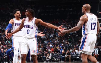 BROOKLYN, NY - APRIL 22: Tyrese Maxey #0 of the Philadelphia 76ers high fives P.J. Tucker #17 of the Philadelphia 76ers during the game against the Brooklyn Nets during Round 1 Game 4 of the 2023 NBA Playoffs on April 22, 2023 at Barclays Center in Brooklyn, New York. NOTE TO USER: User expressly acknowledges and agrees that, by downloading and or using this Photograph, user is consenting to the terms and conditions of the Getty Images License Agreement. Mandatory Copyright Notice: Copyright 2023 NBAE (Photo by Nathaniel S. Butler/NBAE via Getty Images)