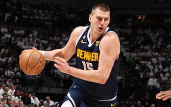 MINNEAPOLIS, MN - APRIL 23: Nikola Jokic #15 of the Denver Nuggets drives to the basket during Round 1 Game 4 of the 2023 NBA Playoffs against the Minnesota Timberwolves on April 23, 2023 at Target Center in Minneapolis, Minnesota. NOTE TO USER: User expressly acknowledges and agrees that, by downloading and or using this Photograph, user is consenting to the terms and conditions of the Getty Images License Agreement. Mandatory Copyright Notice: Copyright 2023 NBAE (Photo by David Sherman/NBAE via Getty Images)