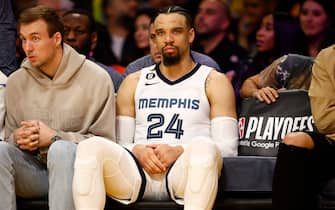 LOS ANGELES, CALIFORNIA - APRIL 28:  Dillon Brooks #24 of the Memphis Grizzlies sits on the bench against the Los Angeles Lakers in the second half in Game Six of the Western Conference First Round Playoffs at Crypto.com Arena on April 28, 2023 in Los Angeles, California.  NOTE TO USER: User expressly acknowledges and agrees that, by downloading and/or using this photograph, user is consenting to the terms and conditions of the Getty Images License Agreement. (Photo by Ronald Martinez/Getty Images)