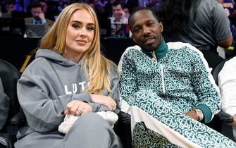 LOS ANGELES, CA - APRIL 28: Adele and Rich Paul attend the basketball game between Los Angeles Lakers and Memphis Grizzlies Round 1 Game 6 of the 2023 NBA Playoffs against Los Angeles Lakers at Crypto.com Arena on April 28, 2023 in Los Angeles, California. (Photo by Kevork Djansezian/Getty Images)                            