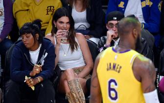 LOS ANGELES, CALIFORNIA - MAY 12: Kendall Jenner and Bad Bunny attend the Western Conference Semifinal Playoff game between the Los Angeles Lakers and Golden State Warriors at Crypto.com Arena on May 12, 2023 in Los Angeles, California. (Photo by Kevork Djansezian/Getty Images)