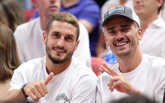 MIAMI, FL - MAY 6: Koke and Antoine Griezmann attend Game Three of the Eastern Conference Semi-Finals of the 2023 NBA Playoffs between the New York Knicks and the Miami Heat on May 6, 2023 at Miami-Dade Arena in Miami, Florida. NOTE TO USER: User expressly acknowledges and agrees that, by downloading and or using this Photograph, user is consenting to the terms and conditions of the Getty Images License Agreement. Mandatory Copyright Notice: Copyright 2023 NBAE (Photo by David L. Nemec/NBAE via Getty Images)