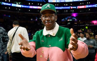 LOS ANGELES, CALIFORNIA - MAY 12: Tyler, the Creator attends the Western Conference Semifinal Playoff game between the Los Angeles Lakers and Golden State Warriors at Crypto.com Arena on May 12, 2023 in Los Angeles, California. (Photo by Kevork Djansezian/Getty Images)