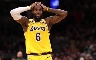 BOSTON, MASSACHUSETTS - JANUARY 28: LeBron James #6 of the Los Angeles Lakers reacts during the fourth quarter against the Boston Celtics at TD Garden on January 28, 2023 in Boston, Massachusetts. The Celtics defeat the Lakers in overtime 125-121.  (Photo by Maddie Meyer/Getty Images)