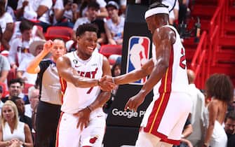 MIAMI, FL - MAY 6: Kyle Lowry #7 and Jimmy Butler #22 of the Miami Heat celebrate during Game Three of the Eastern Conference Semi-Finals of the 2023 NBA Playoffs against the New York Knicks on May 6, 2023 at Miami-Dade Arena in Miami, Florida. NOTE TO USER: User expressly acknowledges and agrees that, by downloading and or using this Photograph, user is consenting to the terms and conditions of the Getty Images License Agreement. Mandatory Copyright Notice: Copyright 2023 NBAE (Photo by Nathaniel S. Butler/NBAE via Getty Images)