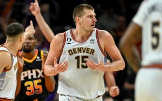 PHOENIX, AZ - MAY 5: Nikola Jokic (15) of the Denver Nuggets reacts to being called for a traveling violation during the third quarter against the Phoenix Suns at Footprint Center in Phoenix on Friday, May 5, 2023. (Photo by AAron Ontiveroz/MediaNews Group/The Denver Post via Getty Images)