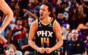 PHOENIX, AZ - MAY 7:  Landry Shamet #14 of the Phoenix Suns celebrates during the game during round two game four of the 2023 NBA Playoffs on May 7, 2023 at Footprint Center in Phoenix, Arizona. NOTE TO USER: User expressly acknowledges and agrees that, by downloading and or using this photograph, user is consenting to the terms and conditions of the Getty Images License Agreement. Mandatory Copyright Notice: Copyright 2022 NBAE (Photo by Barry Gossage/NBAE via Getty Images)
