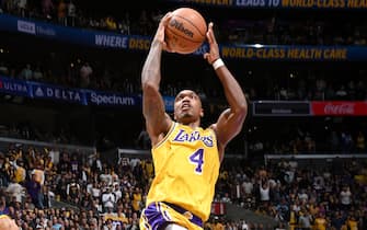 LOS ANGELES, CA - MAY 8: Lonnie Walker IV #4 of the Los Angeles Lakers drives to the basket during the game against the Golden State Warriors during Game 4 of the 2023 NBA Playoffs Western Conference Semi Finals on May 8, 2023 at Crypto.Com Arena in Los Angeles, California. NOTE TO USER: User expressly acknowledges and agrees that, by downloading and/or using this Photograph, user is consenting to the terms and conditions of the Getty Images License Agreement. Mandatory Copyright Notice: Copyright 2023 NBAE (Photo by Andrew D. Bernstein/NBAE via Getty Images) 
