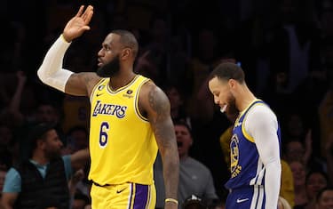 LOS ANGELES, CALIFORNIA - MAY 08: LeBron James #6 of the Los Angeles Lakers high fives Rui Hachimura #28 during the third quarter against the Golden State Warriors in game four of the Western Conference Semifinal Playoffs at Crypto.com Arena on May 08, 2023 in Los Angeles, California. NOTE TO USER: User expressly acknowledges and agrees that, by downloading and or using this photograph, User is consenting to the terms and conditions of the Getty Images License Agreement. (Photo by Harry How/Getty Images)