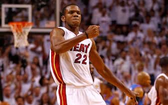 MIAMI, FL - JUNE 17:  James Jones #22 of the Miami Heat reacts after he made a 3-point basket in the second half against the Oklahoma City Thunder in Game Three of the 2012 NBA Finals on June 17, 2012 at American Airlines Arena in Miami, Florida.  NOTE TO USER: User expressly acknowledges and agrees that, by downloading and or using this photograph, User is consenting to the terms and conditions of the Getty Images License Agreement.  (Photo by Mike Ehrmann/Getty Images)