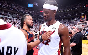 MIAMI, FL - MAY 12: Jimmy Butler #22 of the Miami Heat talks with Jalen Brunson #11 of the New York Knicks after Game 6 of the 2023 NBA Playoffs Eastern Conference semi-finals on May 12, 2023 at Kaseya Center in Miami, Florida. NOTE TO USER: User expressly acknowledges and agrees that, by downloading and or using this Photograph, user is consenting to the terms and conditions of the Getty Images License Agreement. Mandatory Copyright Notice: Copyright 2023 NBAE (Photo by Nathaniel S. Butler/NBAE via Getty Images)