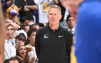 LOS ANGELES, CA - MAY 12: Head Coach Steve Kerr of the Golden State Warriors looks on during Game 6 of the Western Conference Semi-Finals 2023 NBA Playoffs on May 12, 2023 at Crypto.Com Arena in Los Angeles, California. NOTE TO USER: User expressly acknowledges and agrees that, by downloading and/or using this Photograph, user is consenting to the terms and conditions of the Getty Images License Agreement. Mandatory Copyright Notice: Copyright 2023 NBAE (Photo by Andrew D. Bernstein/NBAE via Getty Images) 

