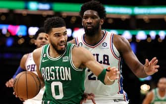 BOSTON, MASSACHUSETTS - MAY 03: Joel Embiid #21 of the Philadelphia 76ers defends Jayson Tatum #0 of the Boston Celtics during the second half of game two of the Eastern Conference Second Round Playoffs at TD Garden on May 03, 2023 in Boston, Massachusetts. The Celtics defeat the 76ers 121-87. NOTE TO USER: User expressly acknowledges and agrees that, by downloading and or using this photograph, User is consenting to the terms and conditions of the Getty Images License Agreement. (Photo by Maddie Meyer/Getty Images)