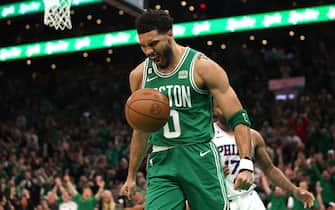 BOSTON, MASSACHUSETTS - MAY 14: Jayson Tatum #0 of the Boston Celtics celebrates a basket against the Philadelphia 76ers during the first quarter in game seven of the 2023 NBA Playoffs Eastern Conference Semifinals at TD Garden on May 14, 2023 in Boston, Massachusetts. NOTE TO USER: User expressly acknowledges and agrees that, by downloading and or using this photograph, User is consenting to the terms and conditions of the Getty Images License Agreement. (Photo by Adam Glanzman/Getty Images)