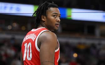 CHICAGO, ILLINOIS - MARCH 08: Brice Sensabaugh #10 of the Ohio State Buckeyes looks on in the first half against the Wisconsin Badgers during the first round of the Big Ten tournament at United Center on March 08, 2023 in Chicago, Illinois. (Photo by Quinn Harris/Getty Images)