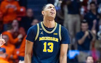 CHAMPAIGN, IL - MARCH 02: Jett Howard #13 of the Michigan Wolverines reacts during the game against the Illinois Fighting Illini at State Farm Center on March 2, 2023 in Champaign, Illinois. (Photo by Michael Hickey/Getty Images)