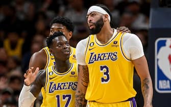 DENVER, CO - MAY 16: Dennis Schroder (17) speaks to Anthony Davis (3) of the Los Angeles Lakers during the second quarter against the Denver Nuggets at Ball Arena in Denver on Tuesday, May 16, 2023. (Photo by AAron Ontiveroz/The Denver Post)