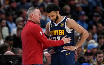 DENVER, CO - MAY 18: Denver Nuggets head coach Michael Malone speaks to Jamal Murray (27) of the Denver Nuggets during the first quarter against the Los Angeles Lakers at Ball Arena in Denver on Thursday, May 18, 2023. (Photo by AAron Ontiveroz/The Denver Post)