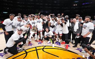LOS ANGELES, CA - MAY 22: The Denver Nuggets pose for a photo after winning Game Four of the Western Conference Finals against the Los Angeles Lakers on May 22, 2023 at Crypto.com Arena in Los Angeles, California. NOTE TO USER: User expressly acknowledges and agrees that, by downloading and/or using this Photograph, user is consenting to the terms and conditions of the Getty Images License Agreement. Mandatory Copyright Notice: Copyright 2023 NBAE (Photo by Garrett Ellwood/NBAE via Getty Images)