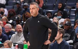 MEMPHIS, TN - APRIL 1: Assistant Coach, Darko Rajakovic of the Memphis Grizzlies looks on during the game against the Phoenix Suns on April 1, 2022 at FedExForum in Memphis, Tennessee. NOTE TO USER: User expressly acknowledges and agrees that, by downloading and or using this photograph, User is consenting to the terms and conditions of the Getty Images License Agreement. Mandatory Copyright Notice: Copyright 2022 NBAE (Photo by Joe Murphy/NBAE via Getty Images)
