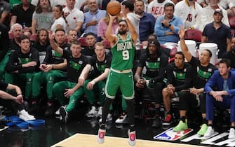 MIAMI, FL - MAY 23: Derrick White #9 of the Boston Celtics shoots a three point basket during round 3 game 4 of the Eastern Conference finals 2023 NBA Playoffs against the Miami Heat on May 23, 2023 at Kaseya Center in Miami, Florida. NOTE TO USER: User expressly acknowledges and agrees that, by downloading and or using this Photograph, user is consenting to the terms and conditions of the Getty Images License Agreement. Mandatory Copyright Notice: Copyright 2023 NBAE (Photo by Eric Espada/NBAE via Getty Images)