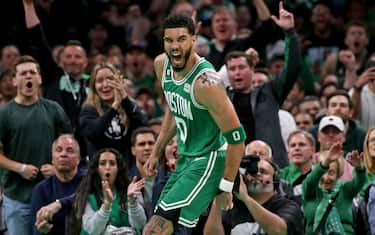 Jayson Tatum #0 of the Boston Celtics celebrates during the first quarter of the NBA Eastern Conference Finals against the Miami Heat at the TD Garden on Thursday in Boston, MA.  (Photo by Matt Stone/MediaNews Group/Boston Herald via Getty Images)May 25, 2023