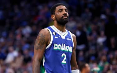 DALLAS, TX - APRIL 5: Kyrie Irving #2 of the Dallas Mavericks looks on as the Mavericks play the Sacramento Kings in the first half at American Airlines Center on April 5, 2023 in Dallas, Texas. NOTE TO USER: User expressly acknowledges and agrees that, by downloading and or using this photograph, User is consenting to the terms and conditions of the Getty Images License Agreement. (Photo by Ron Jenkins/Getty Images)