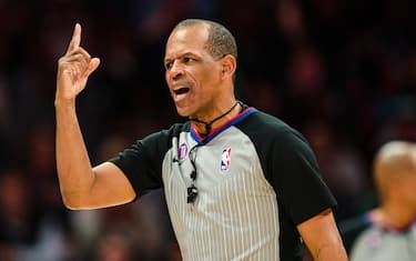 CHARLOTTE, NORTH CAROLINA - FEBRUARY 25: Referee Eric Lewis #42 during the game between the Charlotte Hornets and the Miami Heat at Spectrum Center on February 25, 2023 in Charlotte, North Carolina. NOTE TO USER: User expressly acknowledges and agrees that, by downloading and or using this photograph, User is consenting to the terms and conditions of the Getty Images License Agreement. (Photo by Jacob Kupferman/Getty Images)