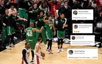 MIAMI, FL - MAY 27: Derrick White #9 of the Boston Celtics celebrates after he hits the gaming winning shot against the Miami Heat during Game 5 of the 2023 NBA Playoffs Eastern Conference Finals on May 27, 2023 at Kaseya Center in Miami, Florida. NOTE TO USER: User expressly acknowledges and agrees that, by downloading and or using this Photograph, user is consenting to the terms and conditions of the Getty Images License Agreement. Mandatory Copyright Notice: Copyright 2023 NBAE (Photo by Eric Espada/NBAE via Getty Images)