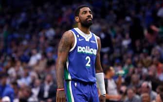 DALLAS, TX - APRIL 5: Kyrie Irving #2 of the Dallas Mavericks looks on as the Mavericks play the Sacramento Kings in the first half at American Airlines Center on April 5, 2023 in Dallas, Texas. NOTE TO USER: User expressly acknowledges and agrees that, by downloading and or using this photograph, User is consenting to the terms and conditions of the Getty Images License Agreement. (Photo by Ron Jenkins/Getty Images) 