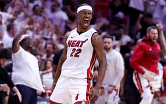 MIAMI, FLORIDA - APRIL 24: Jimmy Butler #22 of the Miami Heat reacts during the fourth quarter against the Milwaukee Bucks in Game Four of the Eastern Conference First Round Playoffs at Kaseya Center on April 24, 2023 in Miami, Florida. NOTE TO USER: User expressly acknowledges and agrees that, by downloading and or using this photograph, User is consenting to the terms and conditions of the Getty Images License Agreement. (Photo by Megan Briggs/Getty Images)