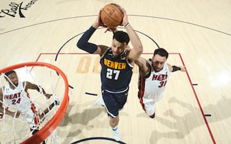 DENVER, CO - JUNE 4: Jamal Murray #27 of the Denver Nuggets drives to the basket during Game Two of the 2023 NBA Finals against the Miami Heat on June 4, 2023 at the Ball Arena in Denver, Colorado. NOTE TO USER: User expressly acknowledges and agrees that, by downloading and/or using this Photograph, user is consenting to the terms and conditions of the Getty Images License Agreement. Mandatory Copyright Notice: Copyright 2023 NBAE (Photo by Nathaniel S. Butler/NBAE via Getty Images)