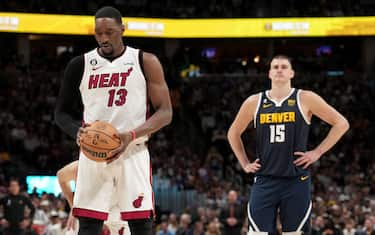 DENVER, CO - JUNE 4: Bam Adebayo #13 of the Miami Heat prepares to shoot a free throw during Game Two of the 2023 NBA Finals against the Denver Nuggets on June 4, 2023 at the Ball Arena in Denver, Colorado. NOTE TO USER: User expressly acknowledges and agrees that, by downloading and/or using this Photograph, user is consenting to the terms and conditions of the Getty Images License Agreement. Mandatory Copyright Notice: Copyright 2023 NBAE (Photo by Jesse D. Garrabrant/NBAE via Getty Images)