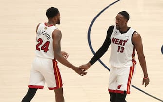 DENVER, CO - JUNE 4: Haywood Highsmith #24 of the Miami Heat high fives Bam Adebayo #13 during Game Two of the 2023 NBA Finals on June 4, 2023 at the Ball Arena in Denver, Colorado. NOTE TO USER: User expressly acknowledges and agrees that, by downloading and/or using this Photograph, user is consenting to the terms and conditions of the Getty Images License Agreement. Mandatory Copyright Notice: Copyright 2023 NBAE (Photo by Issac Baldizon/NBAE via Getty Images)