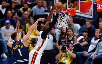 DENVER, COLORADO - JUNE 04: Bam Adebayo #13 of the Miami Heat dunks during the fourth quarter against the Denver Nuggets in Game Two of the 2023 NBA Finals at Ball Arena on June 04, 2023 in Denver, Colorado. NOTE TO USER: User expressly acknowledges and agrees that, by downloading and or using this photograph, User is consenting to the terms and conditions of the Getty Images License Agreement. (Photo by Justin Edmonds/Getty Images)