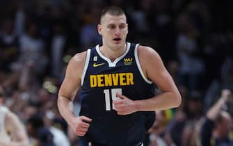DENVER, COLORADO - JUNE 04: Nikola Jokic #15 of the Denver Nuggets reacts during the first quarter against the Miami Heat in Game Two of the 2023 NBA Finals at Ball Arena on June 04, 2023 in Denver, Colorado. NOTE TO USER: User expressly acknowledges and agrees that, by downloading and or using this photograph, User is consenting to the terms and conditions of the Getty Images License Agreement. (Photo by Matthew Stockman/Getty Images)