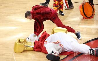 MIAMI, FL - JUNE 9: Connor McGregor and Mascot Burnie of the Miami Heat perform during halftime against the Denver Nuggets during Game Four of the 2023 NBA Finals on June 9, 2023 at Kaseya Center in Miami, Florida. NOTE TO USER: User expressly acknowledges and agrees that, by downloading and or using this Photograph, user is consenting to the terms and conditions of the Getty Images License Agreement. Mandatory Copyright Notice: Copyright 2023 NBAE (Photo by Joe Murphy/NBAE via Getty Images)