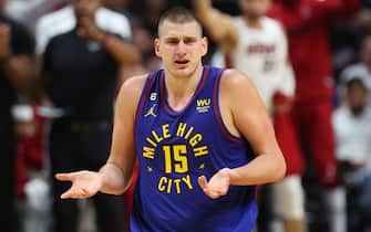 MIAMI, FLORIDA - JUNE 07: Nikola Jokic #15 of the Denver Nuggets reacts during the second quarter against the Miami Heat in Game Three of the 2023 NBA Finals at Kaseya Center on June 07, 2023 in Miami, Florida. NOTE TO USER: User expressly acknowledges and agrees that, by downloading and or using this photograph, User is consenting to the terms and conditions of the Getty Images License Agreement. (Photo by Mike Ehrmann/Getty Images)