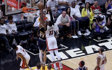 MIAMI, FL - JUNE 9: Bam Adebayo #13 of the Miami Heat goes for the block during the game against the Denver Nuggets during Game Four of the 2023 NBA Finals on June 9, 2023 at Kaseya Center in Miami, Florida. NOTE TO USER: User expressly acknowledges and agrees that, by downloading and or using this Photograph, user is consenting to the terms and conditions of the Getty Images License Agreement. Mandatory Copyright Notice: Copyright 2023 NBAE (Photo by Robby Illanes/NBAE via Getty Images)