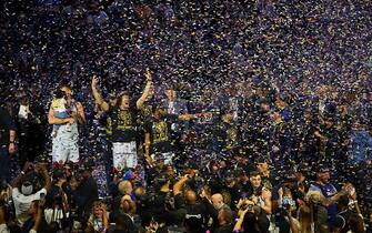 DENVER, CO - JUNE 12: A overall view of the Denver Nuggets team during the post-game celebration during Game Five of the 2023 NBA Finals on June 12, 2023 at the Ball Arena in Denver, Colorado. NOTE TO USER: User expressly acknowledges and agrees that, by downloading and/or using this Photograph, user is consenting to the terms and conditions of the Getty Images License Agreement. Mandatory Copyright Notice: Copyright 2023 NBAE (Photo by Bart Young/NBAE via Getty Images)