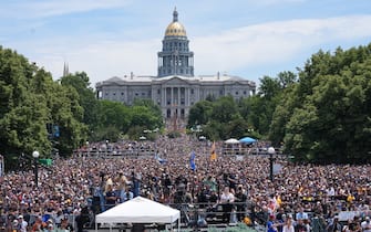 DENVER, CO - JUNE 15: A general view as fans celebrate during the 2023 Denver Nuggets Championship Parade on June 15, 2023 in Denver, Colorado. NOTE TO USER: User expressly acknowledges and agrees that, by downloading and/or using this Photograph, user is consenting to the terms and conditions of the Getty Images License Agreement. Mandatory Copyright Notice: Copyright 2023 NBAE (Photo by Bart Young/NBAE via Getty Images)
