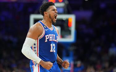 PHILADELPHIA, PA - NOVEMBER 28: Tobias Harris #12 of the Philadelphia 76ers reacts against the Atlanta Hawks in the fourth quarter at the Wells Fargo Center on November 28, 2022 in Philadelphia, Pennsylvania. The 76ers defeated the Hawks 104-101. NOTE TO USER: User expressly acknowledges and agrees that, by downloading and or using this photograph, User is consenting to the terms and conditions of the Getty Images License Agreement. (Photo by Mitchell Leff/Getty Images)