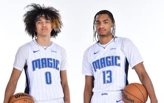 ORLANDO, FL - JUNE 23: Jett Howard #13 and Anthony Black #0 of the Orlando Magic pose for a portrait on June 23, 2023 at AdventHealth Training Center in Orlando, Florida. NOTE TO USER: User expressly acknowledges and agrees that, by downloading and or using this photograph, User is consenting to the terms and conditions of the Getty Images License Agreement. Mandatory Copyright Notice: Copyright 2023 NBAE  (Photo by Fernando Medina/NBAE via Getty Images)   