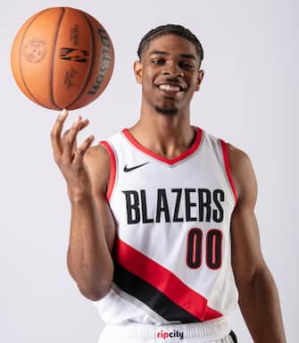 PORTLAND, OR - JUNE 24: Scoot Henderson #00 of the Portland Trail Blazers poses for a portrait on June 23, 2023 at the Portland Trail Blazers practice facility in Portland, Oregon. NOTE TO USER: User expressly acknowledges and agrees that, by downloading and or using this photograph, user is consenting to the terms and conditions of the Getty Images License Agreement. Mandatory Copyright Notice: Copyright 2023 NBAE (Photo by Cameron Browne/NBAE via Getty Images)