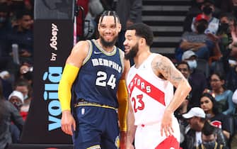 TORONTO, CANADA - NOVEMBER 30: Dillon Brooks #24 of the Memphis Grizzlies and Fred VanVleet #23 of the Toronto Raptors talk during the game on November 30, 2021 at the Scotiabank Arena in Toronto, Ontario, Canada.  NOTE TO USER: User expressly acknowledges and agrees that, by downloading and or using this Photograph, user is consenting to the terms and conditions of the Getty Images License Agreement.  Mandatory Copyright Notice: Copyright 2021 NBAE (Photo by Vaughn Ridley/NBAE via Getty Images)