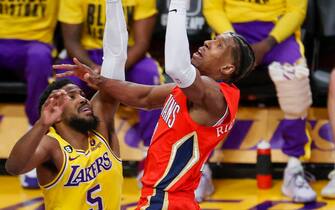 New Orleans Pelicans guard Josh Richardson (R) shoots under pressure from Los Angeles Lakers guard Malik Beasley (L) during an NBA basketball game in Los Angeles.