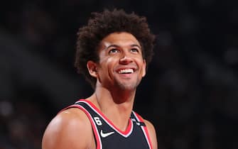 PORTLAND, OR - MARCH 31: Matisse Thybulle #4 of the Portland Trail Blazers smiles during the game against the Sacramento Kings on March 31, 2023 at the Moda Center Arena in Portland, Oregon. NOTE TO USER: User expressly acknowledges and agrees that, by downloading and or using this photograph, user is consenting to the terms and conditions of the Getty Images License Agreement. Mandatory Copyright Notice: Copyright 2023 NBAE (Photo by Sam Forencich/NBAE via Getty Images)